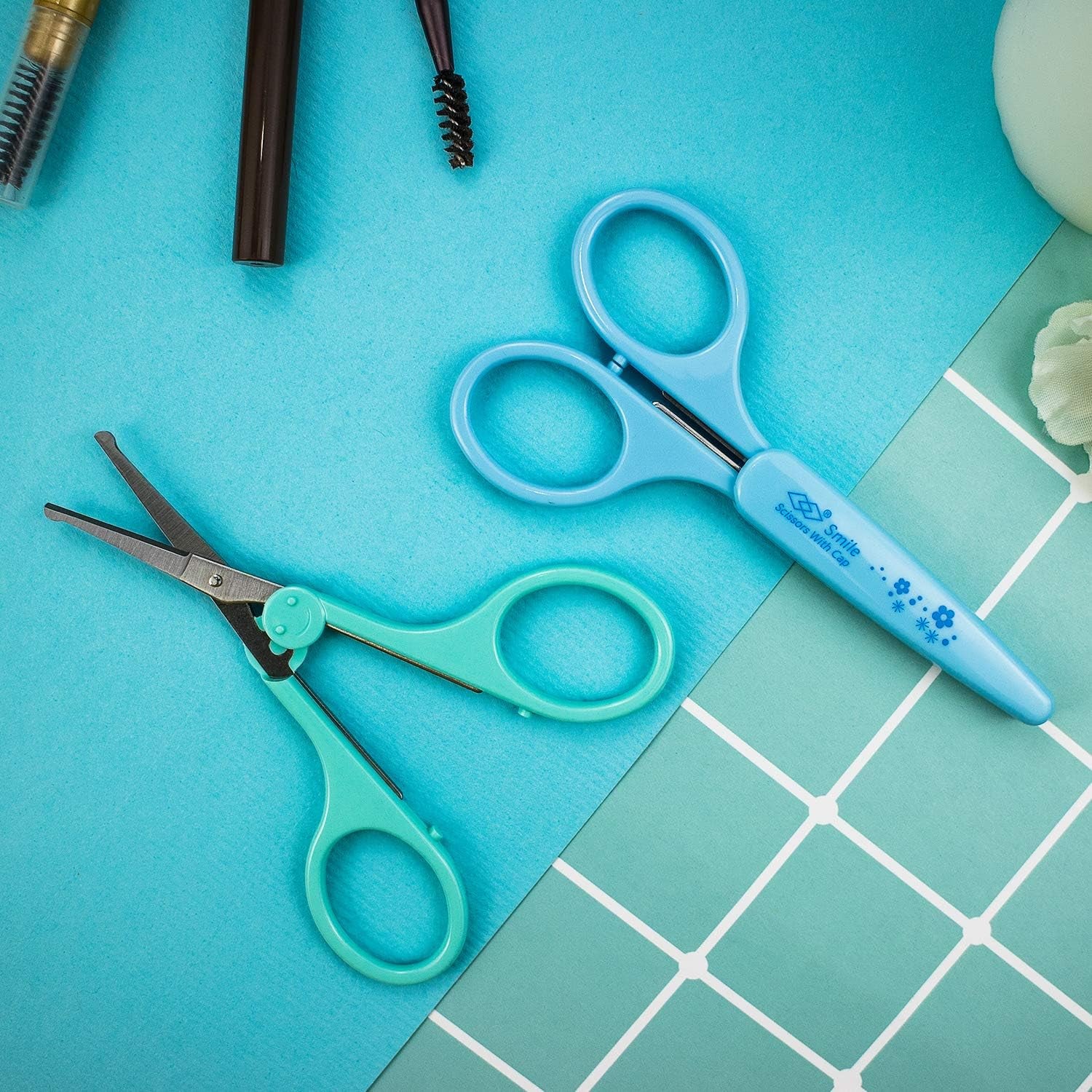 Eyebrow Scissors, Small Scissors for Facial, Nose, Eyebrow, Mustache, and Beard Hair Trimming & Grooming, Safety Edge, Green Long Cap