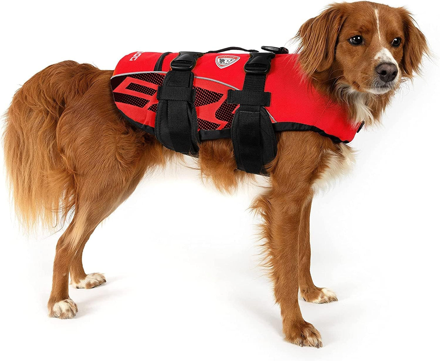 DFD Dog Life Jacket, Dog Life Vest for Swimming - X-Small, Red | Adjustable Dog Swim Vest, Padded Neoprene Straps, Grab Handle, 50% More Flotation Material, Reflective Trim, Stays Upright
