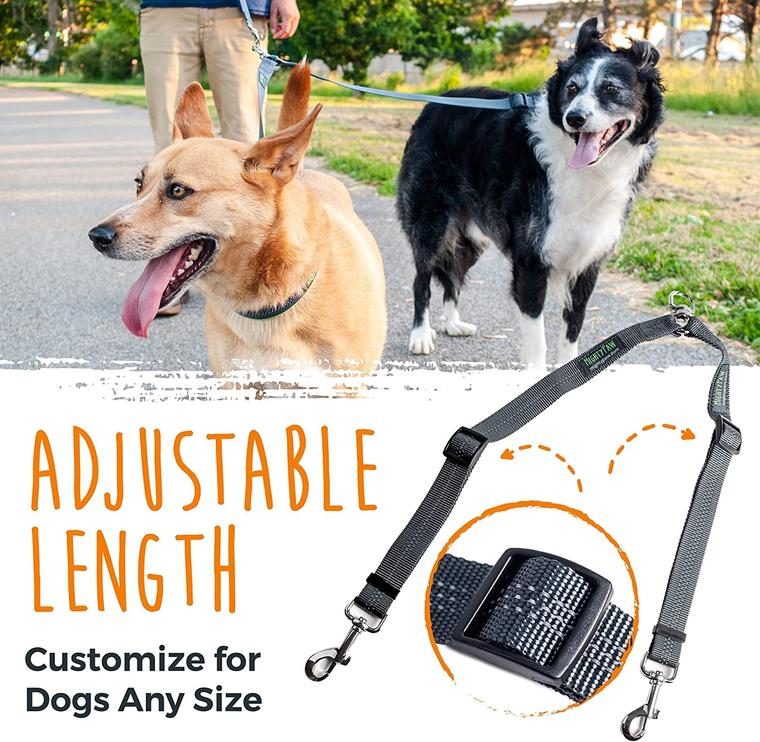 Double Dog Leash, No Tangle Adjustable Split Lead for Two Dogs | Fits 0-100 Lb, 16-24 in Range, Reflective Stitching, Waterproof, Neoprene Padded Handle